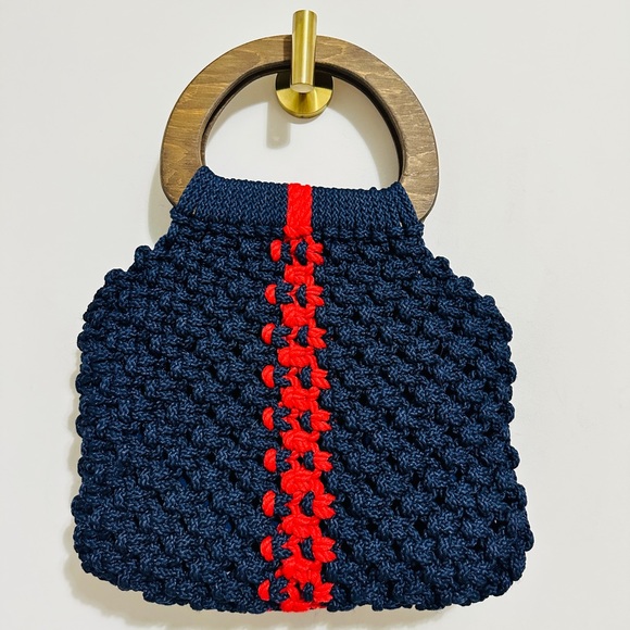 Vintage Wooden Handle Blue & Red Crochet Bag - Picture 1 of 4
